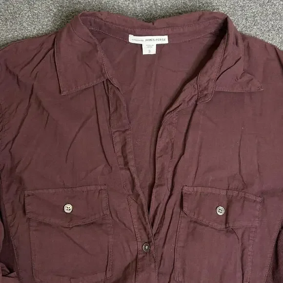 James Perse Shirt Womens 3 Burgundy Button Front Roll Tab Sleeve Cotton Slim Fit - Picture 3 of 10